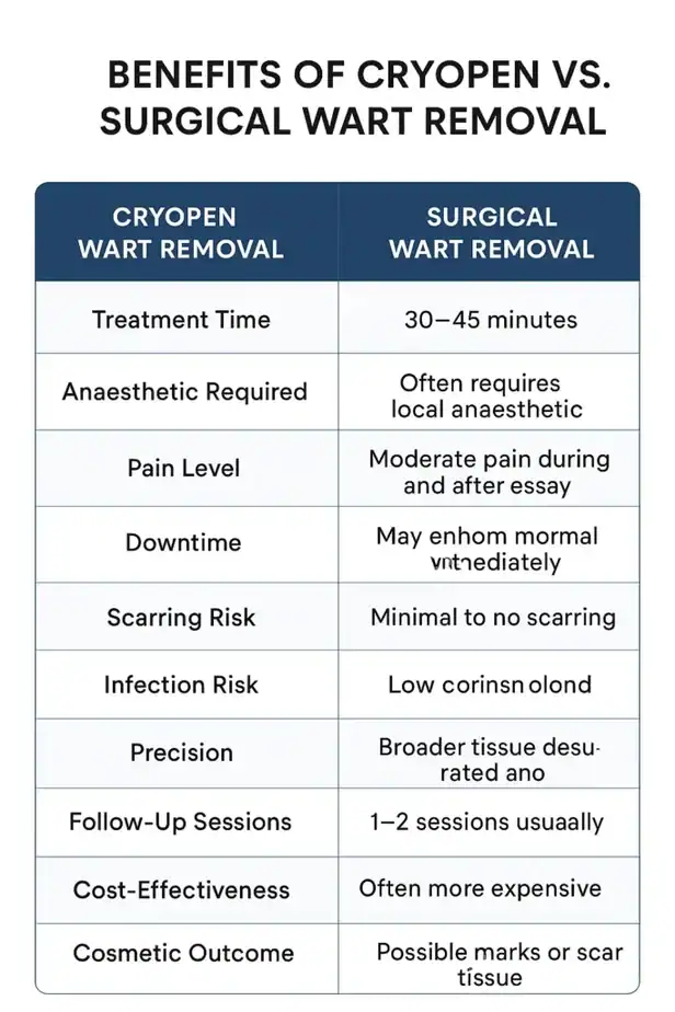 Table showing the benefits of cryopen to remove warts Walham Green compared to surgical treatment